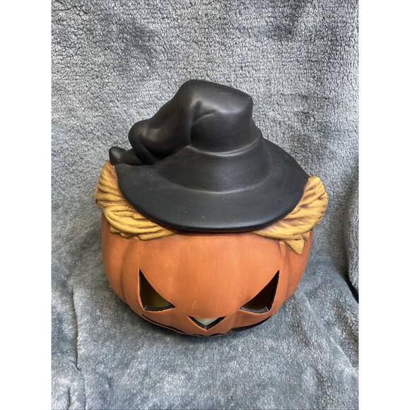 Halloween Vintage 1978 Pumpkin With Hat Ceramic, Hand Painted, Scarecrow Pumpkin - Picture 2 of 9
